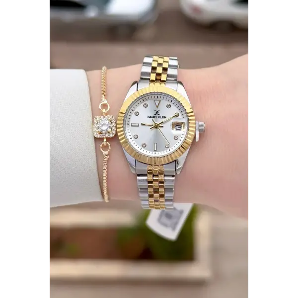 Gold Gümüş Renk 28 mm Kadın Kol Saati ve Bileklik