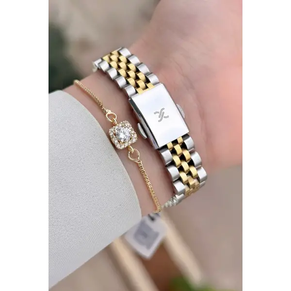 Gold Gümüş Renk 28 mm Kadın Kol Saati ve Bileklik