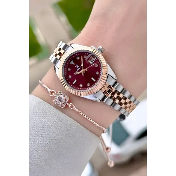 Kadranı Bordo Kordonu Rose Gümüş Renk 28 Mm Kadın Kol Saati ve Bileklik