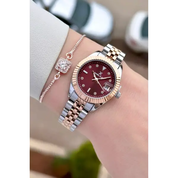 Kadranı Bordo Kordonu Rose Gümüş Renk 28 Mm Kadın Kol Saati ve Bileklik