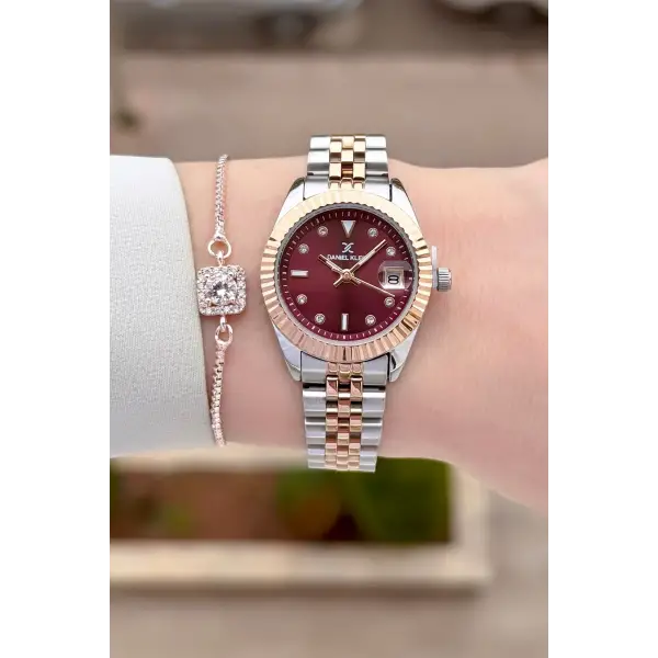 Kadranı Bordo Kordonu Rose Gümüş Renk 28 Mm Kadın Kol Saati ve Bileklik