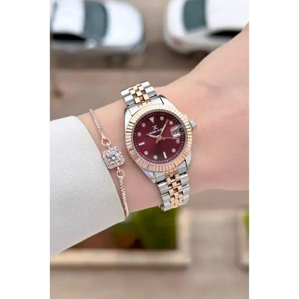 Kadranı Bordo Kordonu Rose Gümüş Renk 28 Mm Kadın Kol Saati ve Bileklik