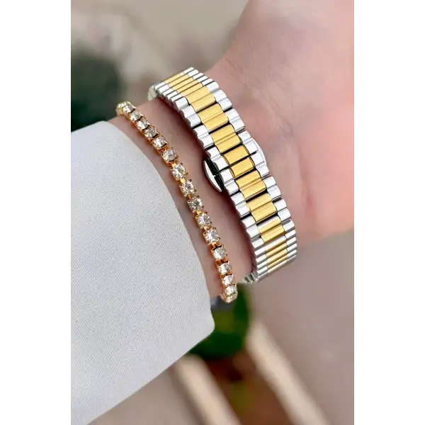 Gold Gümüş Renk 26 Mm Kadın Kol Saati ve Bileklik