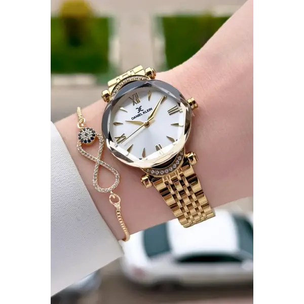 Gold Renk Kesme Camlı Kadın Kol Saati Ve Bileklik