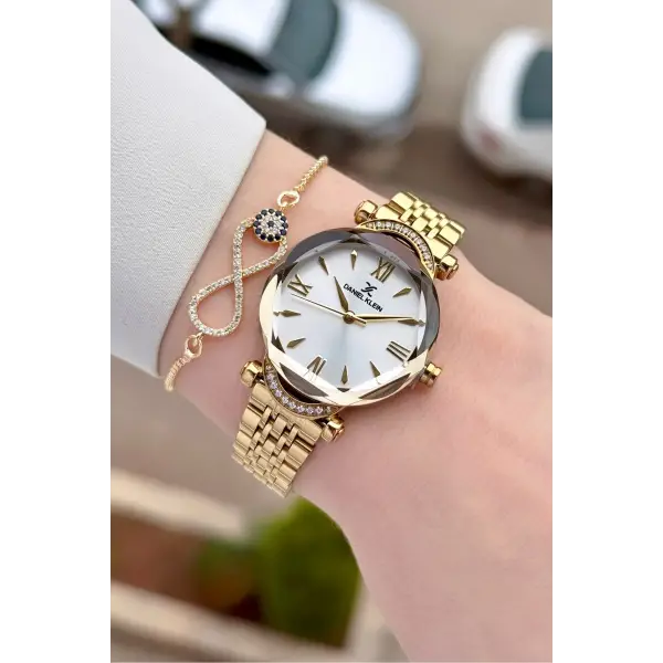 Gold Renk Kesme Camlı Kadın Kol Saati Ve Bileklik