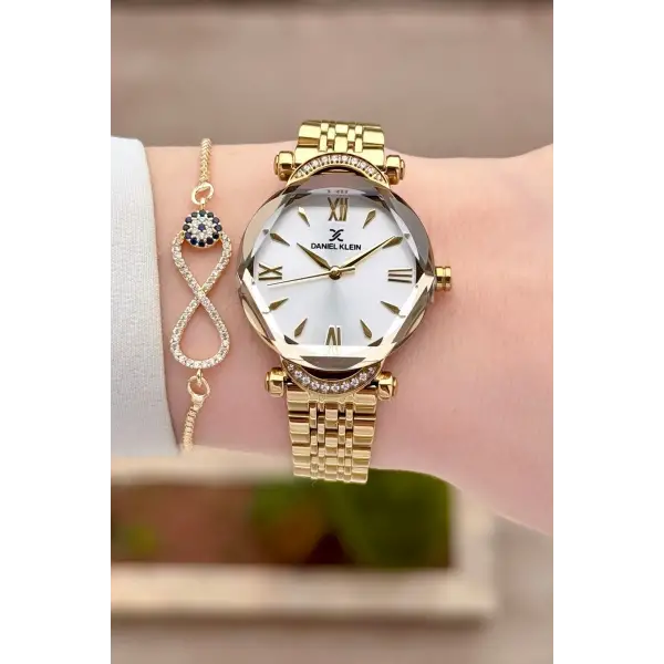 Gold Renk Kesme Camlı Kadın Kol Saati Ve Bileklik