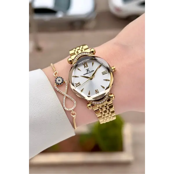 Gold Renk Kesme Camlı Kadın Kol Saati Ve Bileklik