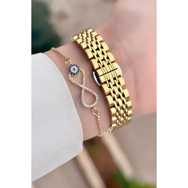 Gold Renk Kesme Camlı Kadın Kol Saati Ve Bileklik