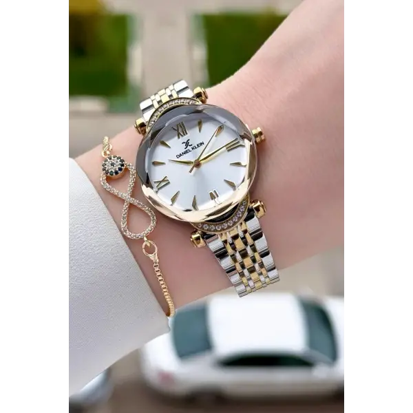 Gold Gümüş Renk Kesme Camlı Kadın Kol Saati Ve Bileklik