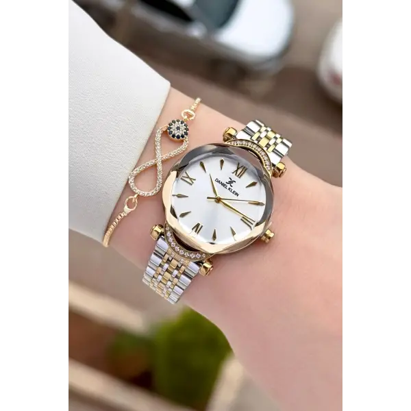 Gold Gümüş Renk Kesme Camlı Kadın Kol Saati Ve Bileklik