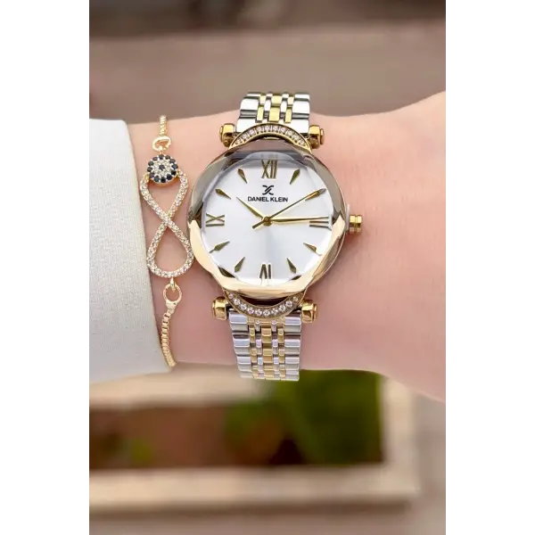 Gold Gümüş Renk Kesme Camlı Kadın Kol Saati Ve Bileklik