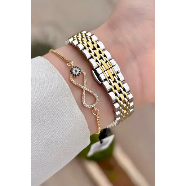 Gold Gümüş Renk Kesme Camlı Kadın Kol Saati Ve Bileklik