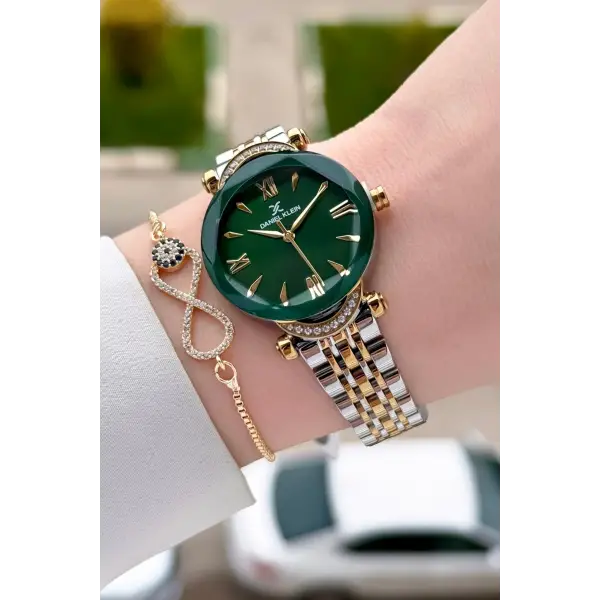 Gold Gümüş Yeşil Renk Kesme Camlı Kadın Kol Saati Ve Bileklik