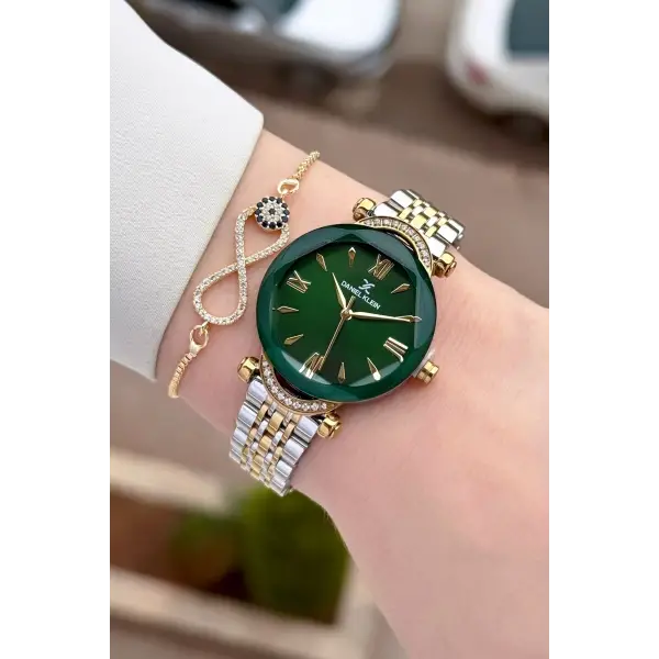 Gold Gümüş Yeşil Renk Kesme Camlı Kadın Kol Saati Ve Bileklik