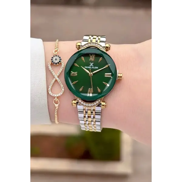 Gold Gümüş Yeşil Renk Kesme Camlı Kadın Kol Saati Ve Bileklik