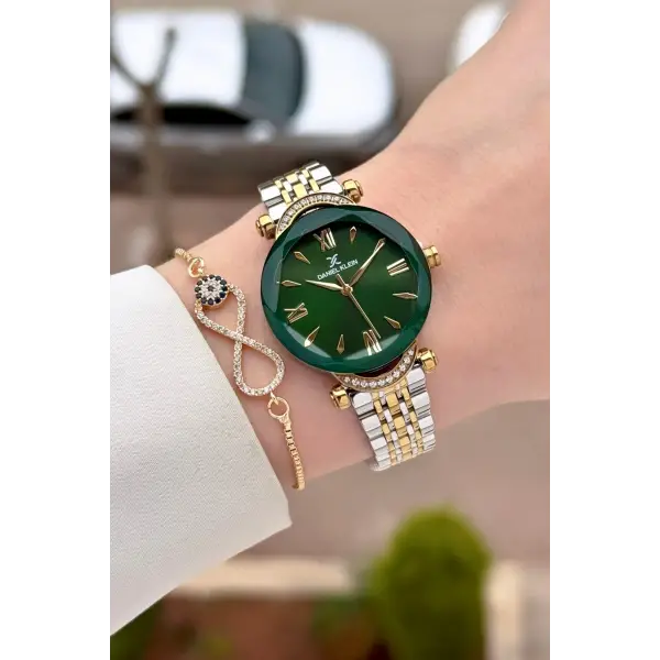Gold Gümüş Yeşil Renk Kesme Camlı Kadın Kol Saati Ve Bileklik