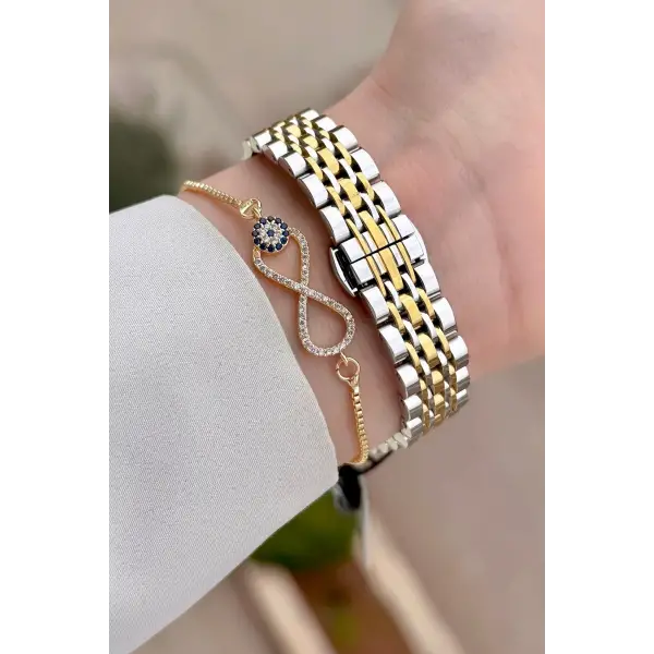 Gold Gümüş Yeşil Renk Kesme Camlı Kadın Kol Saati Ve Bileklik