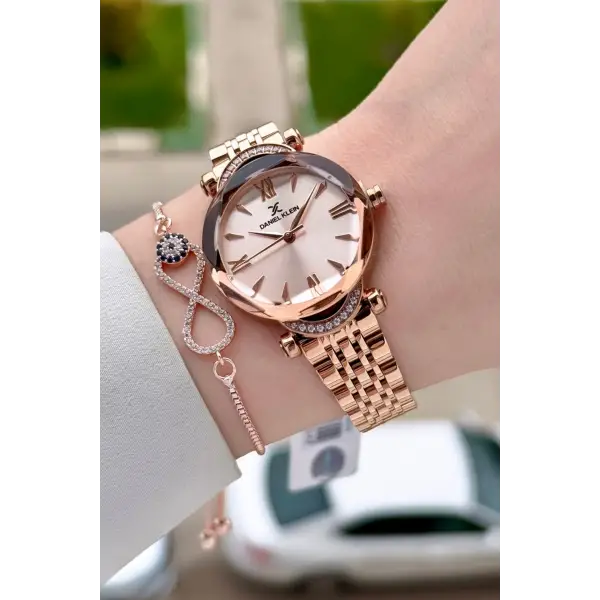 Rose Renk Kesme Camlı Kadın Kol Saati Ve Bileklik