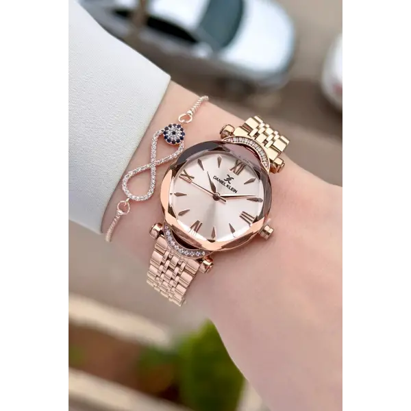 Rose Renk Kesme Camlı Kadın Kol Saati Ve Bileklik