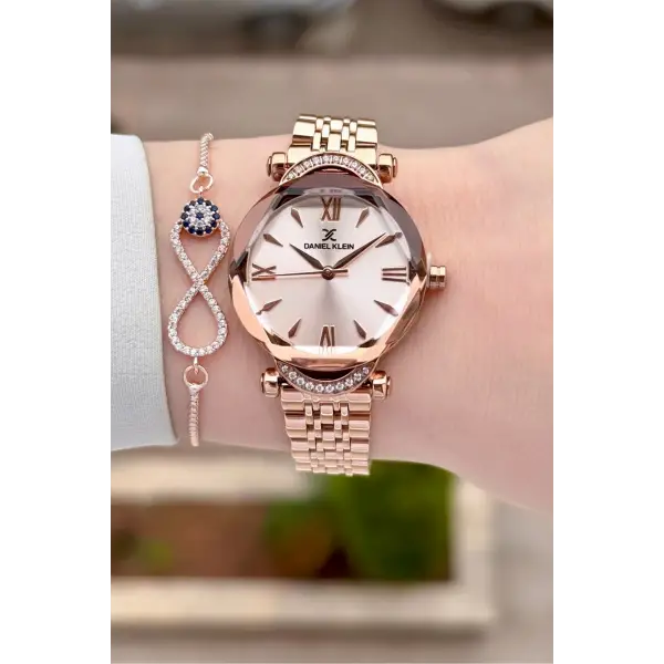 Rose Renk Kesme Camlı Kadın Kol Saati Ve Bileklik