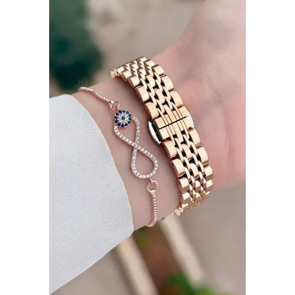 Rose Renk Kesme Camlı Kadın Kol Saati Ve Bileklik