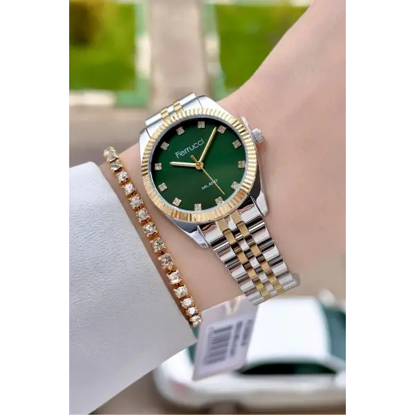 Kadranı Yeşil Kordonu Gold Gümüş Renk Kadın Kol Saati Ve Bileklik