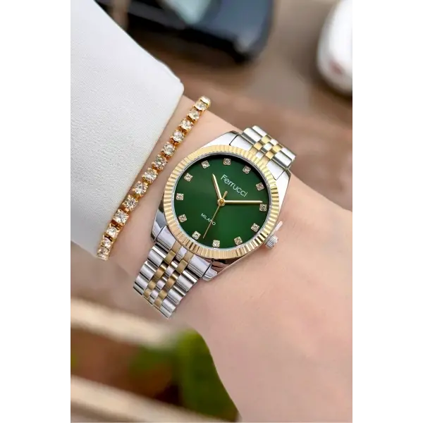 Kadranı Yeşil Kordonu Gold Gümüş Renk Kadın Kol Saati Ve Bileklik