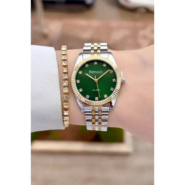 Kadranı Yeşil Kordonu Gold Gümüş Renk Kadın Kol Saati Ve Bileklik
