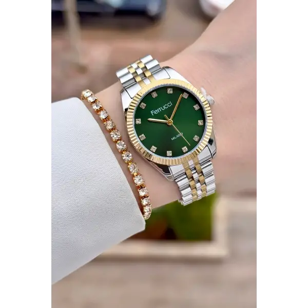 Kadranı Yeşil Kordonu Gold Gümüş Renk Kadın Kol Saati Ve Bileklik