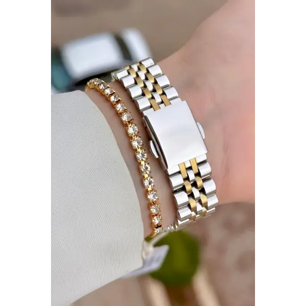 Kadranı Yeşil Kordonu Gold Gümüş Renk Kadın Kol Saati Ve Bileklik