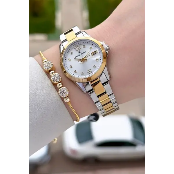 Gold Gümüş Renk 28 mm Kadın Kol Saati ve Bileklik