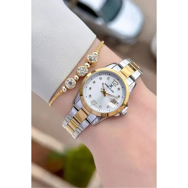 Gold Gümüş Renk 28 mm Kadın Kol Saati ve Bileklik