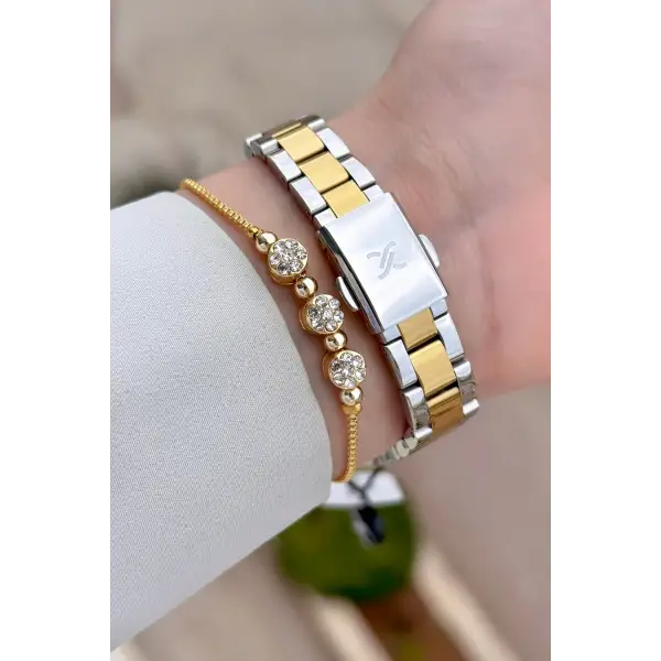 Gold Gümüş Renk 28 mm Kadın Kol Saati ve Bileklik
