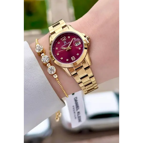 Kadranı Bordo Kordonu Gold Renk 28 mm Kadın Kol Saati ve Bileklik