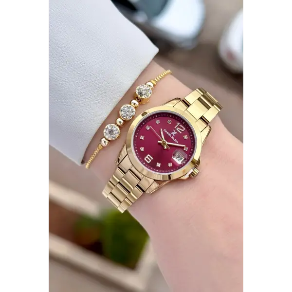 Kadranı Bordo Kordonu Gold Renk 28 mm Kadın Kol Saati ve Bileklik