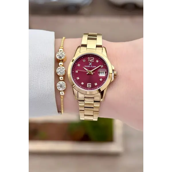 Kadranı Bordo Kordonu Gold Renk 28 mm Kadın Kol Saati ve Bileklik