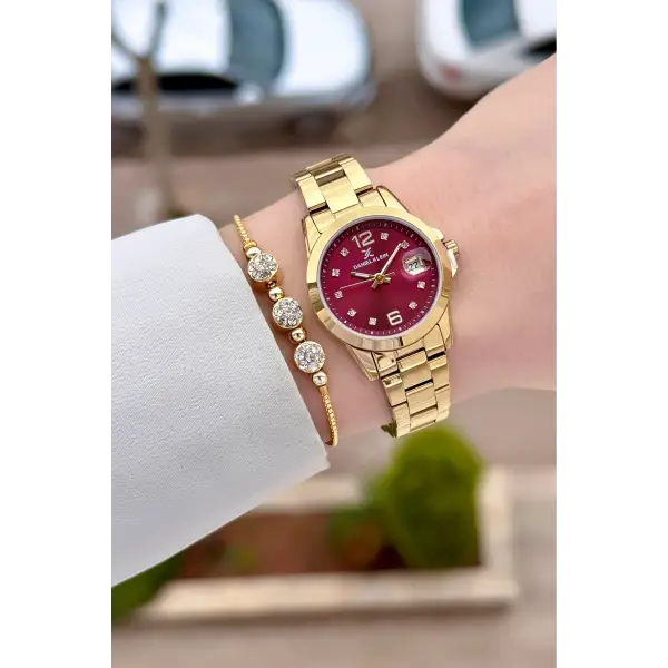 Kadranı Bordo Kordonu Gold Renk 28 mm Kadın Kol Saati ve Bileklik