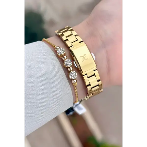 Gold Renk 28 mm Kadın Kol Saati ve Bileklik