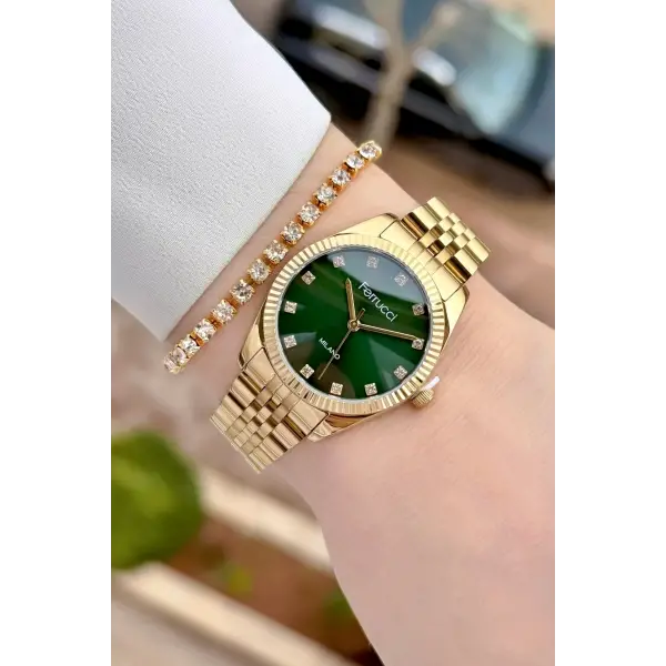 Kadranı Yeşil Kordonu Gold Renk Kadın Kol Saati ve Bileklik