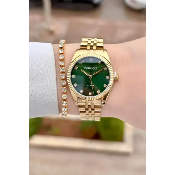 Kadranı Yeşil Kordonu Gold Renk Kadın Kol Saati ve Bileklik