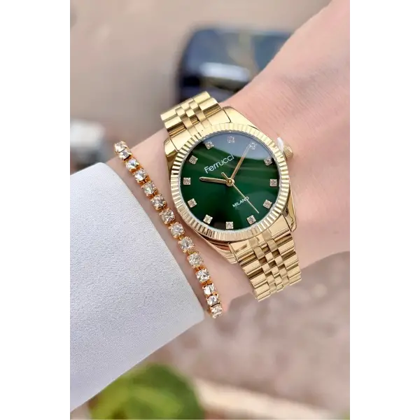 Kadranı Yeşil Kordonu Gold Renk Kadın Kol Saati ve Bileklik
