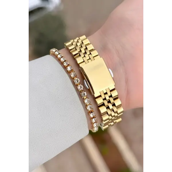 Kadranı Yeşil Kordonu Gold Renk Kadın Kol Saati ve Bileklik