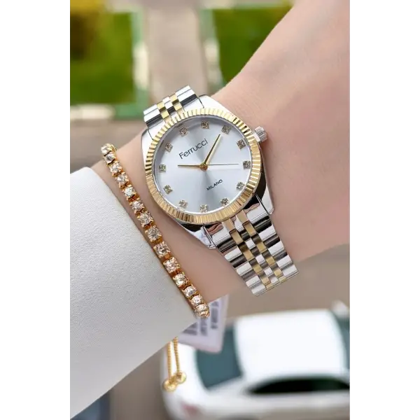 Gold Gümüş Renk Kadın Kol Saati ve Bileklik