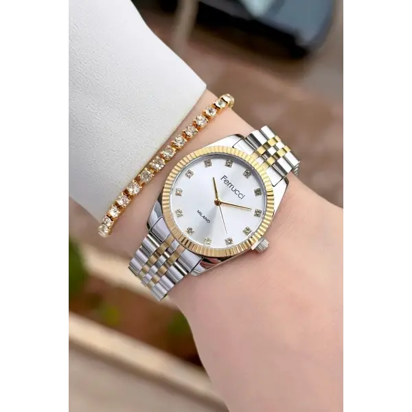 Gold Gümüş Renk Kadın Kol Saati ve Bileklik