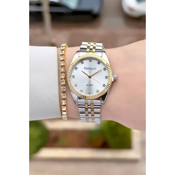 Gold Gümüş Renk Kadın Kol Saati ve Bileklik