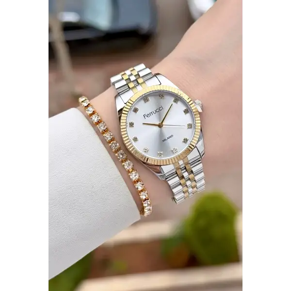 Gold Gümüş Renk Kadın Kol Saati ve Bileklik