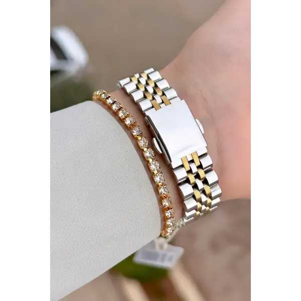 Gold Gümüş Renk Kadın Kol Saati ve Bileklik