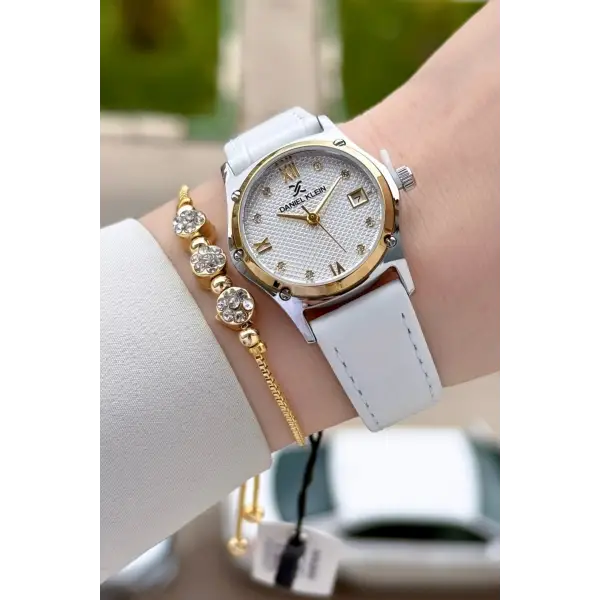 Kasası Gold Gümüş Kordonu Beyaz Renk 29 Mm Kadın Kol Saati ve Bileklik