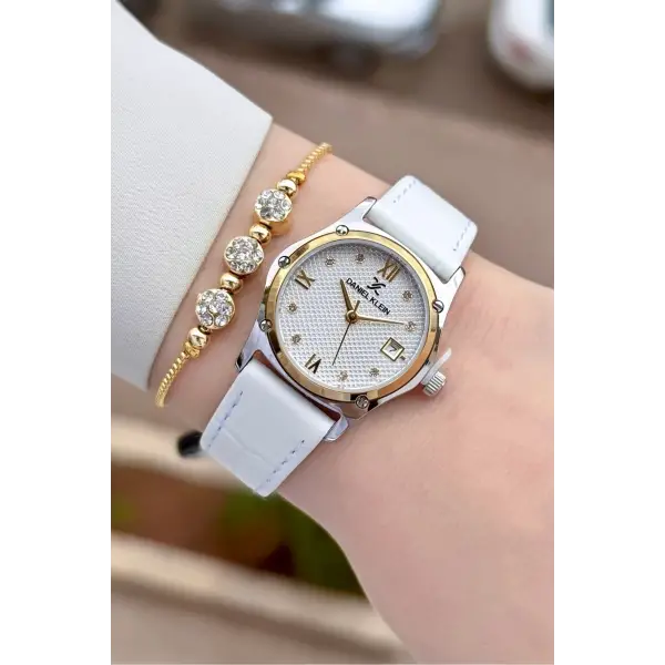 Kasası Gold Gümüş Kordonu Beyaz Renk 29 Mm Kadın Kol Saati ve Bileklik