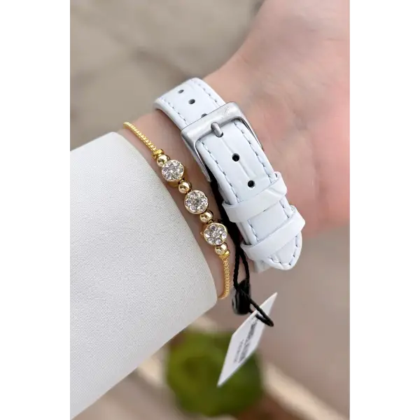 Kasası Gold Gümüş Kordonu Beyaz Renk 29 Mm Kadın Kol Saati ve Bileklik
